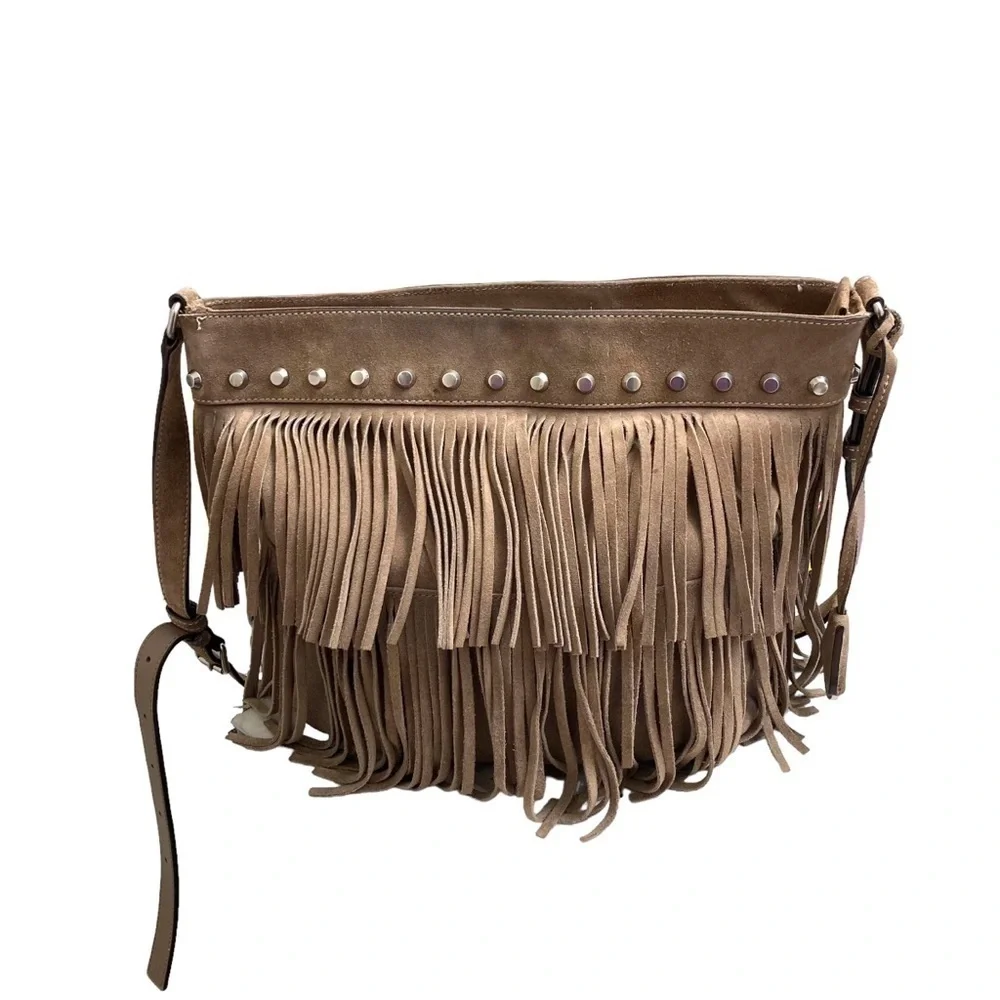 Michael Kors billy light brown suede fringed shoulder crossbody messenger bag